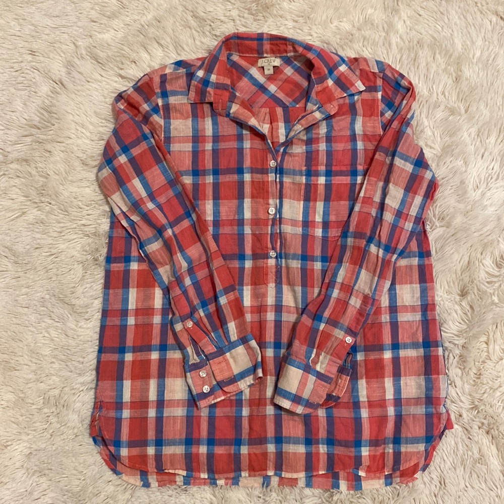 Plaid JCrew, half button shirt.